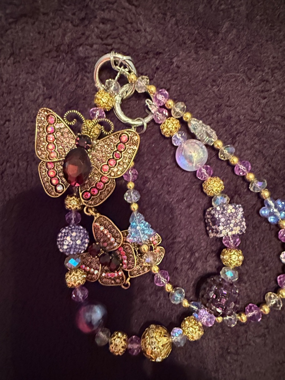 Gold Butterfly Purple and Pink Crystal Beads Bag Charm